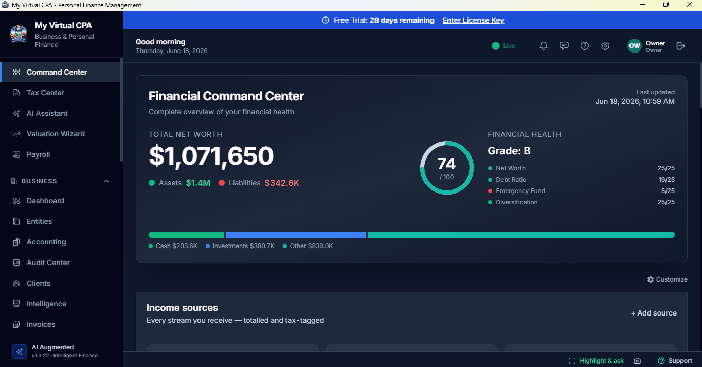 My Virtual CPA Command Center — total net worth, financial health grade, cash flow, and income sources